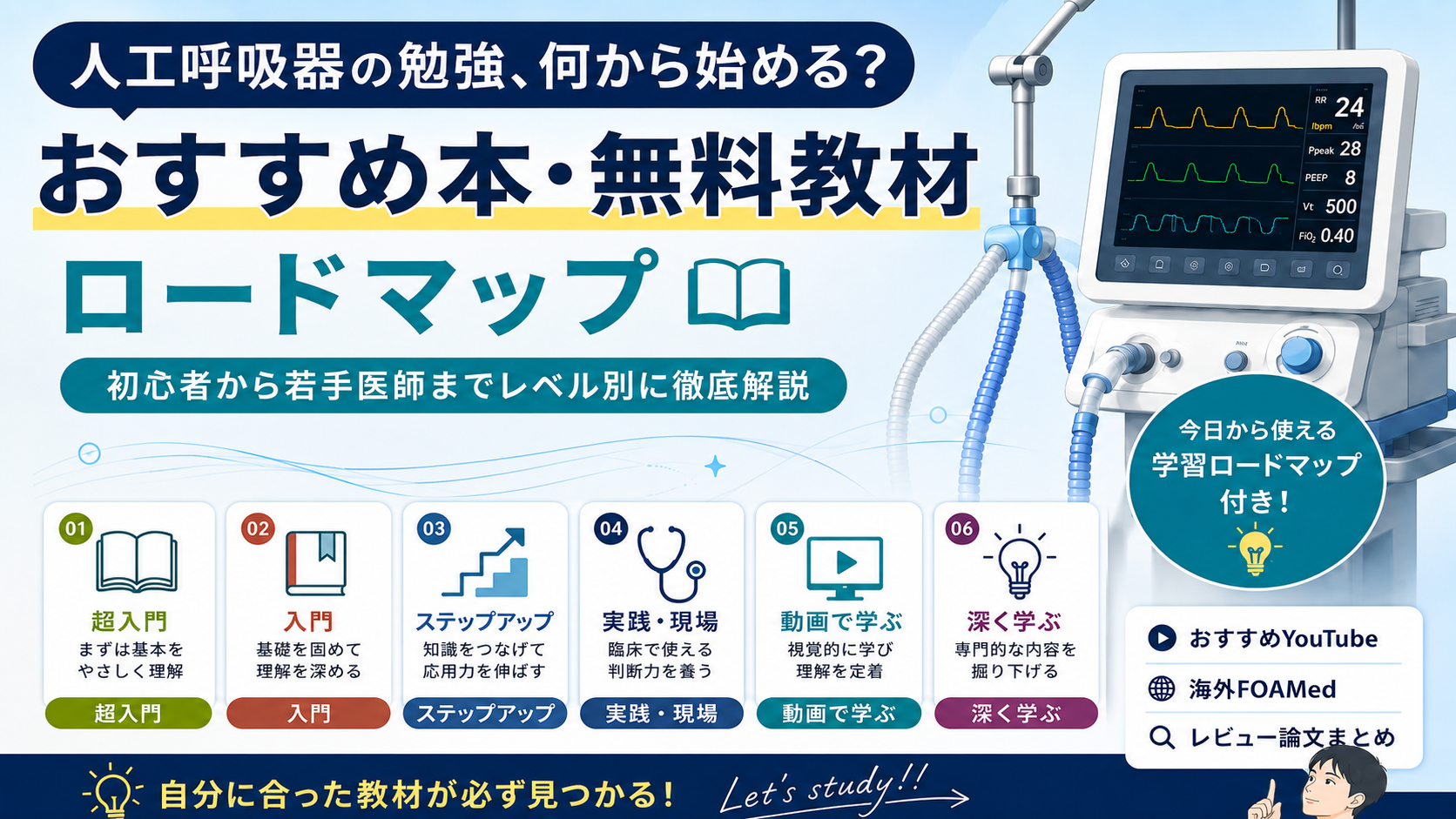 人工呼吸器のおすすめ本・無料教材｜初学者から若手医師まで