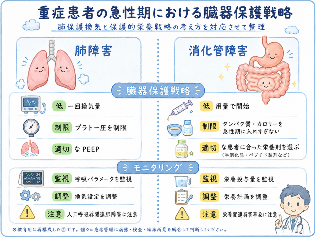 ICU急性期の保護的栄養戦略を、消化管保護、栄養吸収保護、代謝保護の3つの視点で整理した図